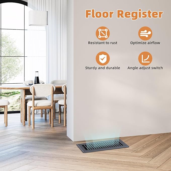 Floor Register 4 x 10-8 Pack Dark Gray Floor Vents, Heavy - Duty Steel Adjustable Airflow Floor Vent Covers, Rust - Resistant Vent Cover are Suitable for Living Room, Bedroom and Bathroom