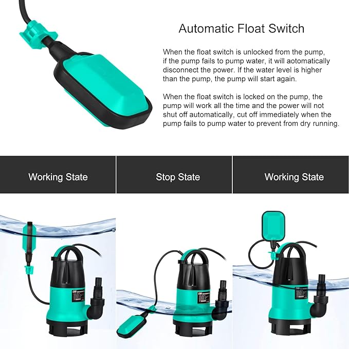 Sump Pump, Prostormer 1HP 3700GPH Submersible Clean/Dirty Water Pump with Automatic Float Switch for Pool, Pond,Garden, Flooded Cellar, Aquarium and Irrigation(Green)