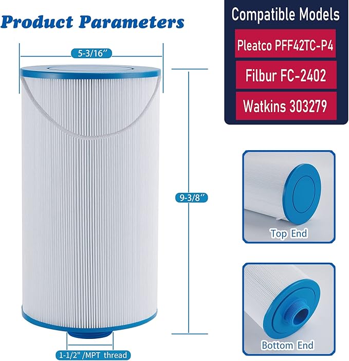 FC-2402 Hot Tub Filter Replaces Watkins 303279, 5CH-37, PFF42TC-P4, 78460 and Lifesmart, AquaTerra, Fantasy, Freeflow, Simplicity, Bermuda, Aspire, Azure, Spa Filter - 1 Pack