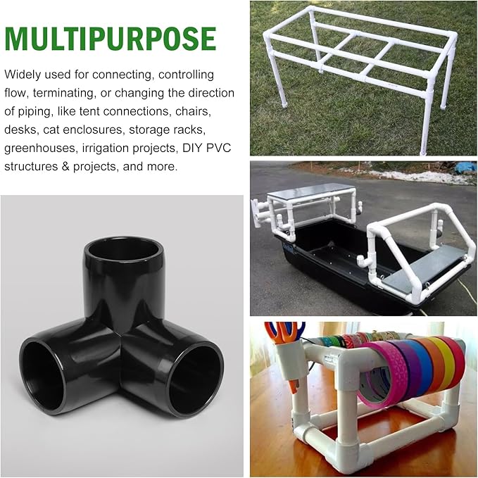 3 Way PVC Pipe Fittings 1 Inch, Zernmiarder Black PVC Elbow Corner Side Outlet Tee Fitting, SCH40 Furniture Grade Pipe Connectors - Fits 1" Polyvinyl Chloride Pipes, 12 Pieces