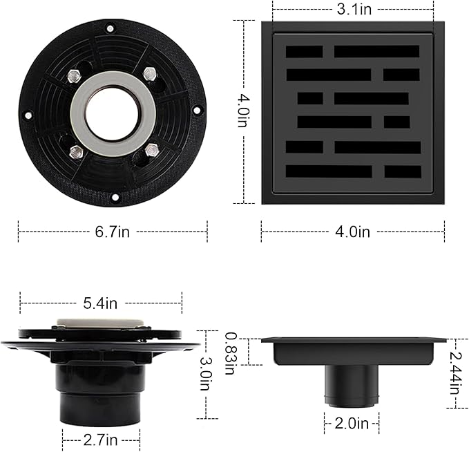 4 Inch Square Shower Floor Drain, Shower Drain Kit with Flange, Square Shower Drain, SUS 304 Stainless Steel Floor Drain,Matte Black
