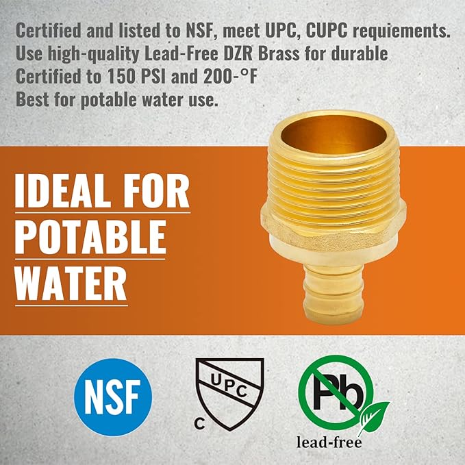 SUNGATOR 6-Pack PEX 1/2" x 3/4" NPT Male Threaded Adapter Crimp Fitting, No Lead Brass