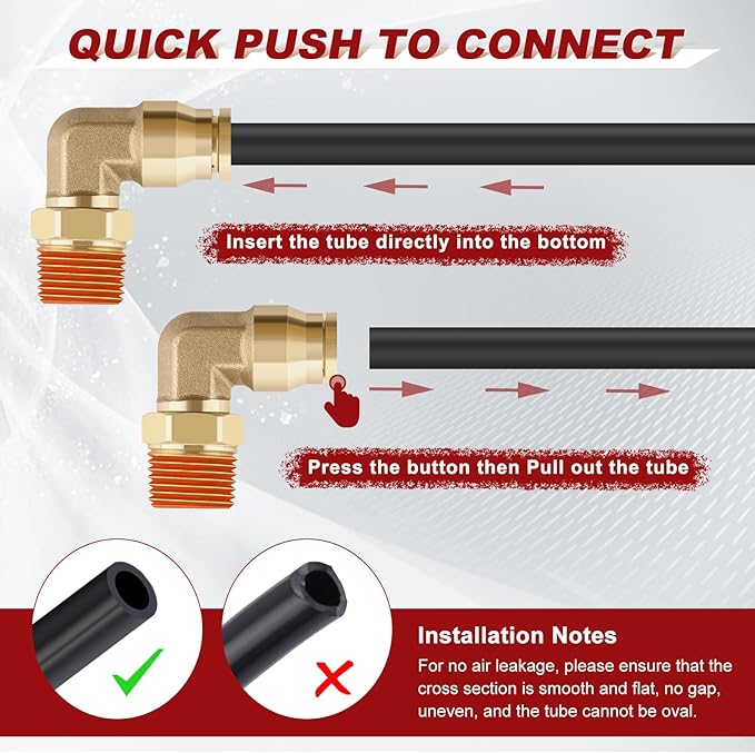 1/4" Quick Push to Connect Fittings Brass 90 Degree Union Swivel Elbow Joint DOT Approved 1/4" Tube OD x 1/4" NPT Thread Air Brake Line Adapter Air Suspension Kit for Car Truck Trailers 2pcs