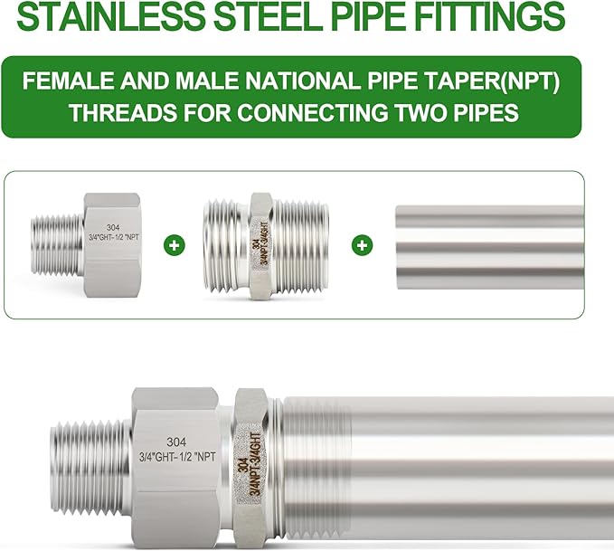 TAISHER 2PCS 304 Stainless Steel Garden Hose Adapter, 3/4" GHT Female x 1/2" NPT Male Garden Hose Connector with Washers