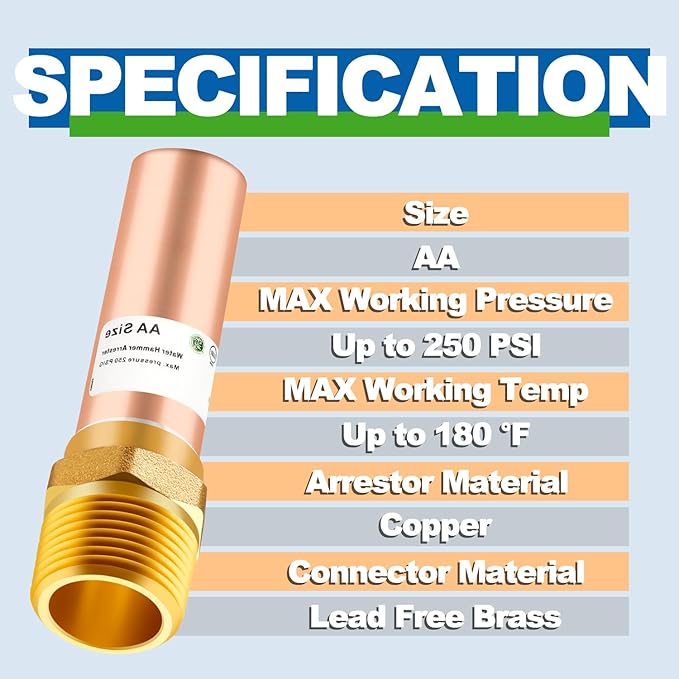 Copper Water Hammer Arrestor, 3/4 Inch MHT Straight Hammer Arrestor,Male Hose Thread Connection