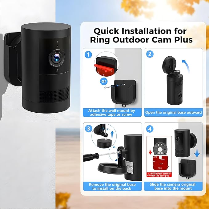 No Drill Wall Mount for Ring Outdoor Cam Plus, Adhesive Indoor Camera Mount with Strong Tape and Screws, Two Ways Easy Installation, 2Pack(Black)