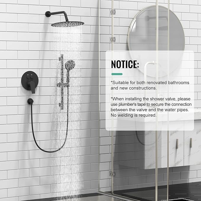 SR SUN RISE Matte Black Shower Faucet Set - 12 Inch Rain Shower Head with Adjustable Slide Bar Combo Set - Wall Mounted Rain Shower System Bathroom (Valve and Trim Kit Included)