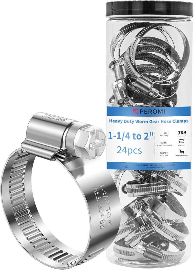 24PCS Heavy Duty Hose Clamps Stainless Steel 304,1-1/4" Hose Clamp to 2" Hose Clamp (32-50mm) Adjustable Worm Gear Drive Radiator Hose Clamps,Pipe Clamp for Automotive, Mechanical and Industry