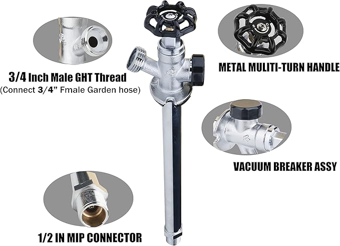 WHK Brass 12" Frost Proof Outdoor Faucet, Anti-Siphon Sillcock, Polished Chrome, 1/2" MIP x 3/4" Hose Bibb