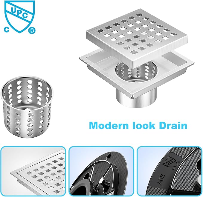 4-1/3 Inch Square Shower Floor Drain with Removable Cover Grid Grate, SUS 304 Stainless Steel, Watermark&CUPC Certified, Chrome Finished(Brushed Nickel, 4 in)