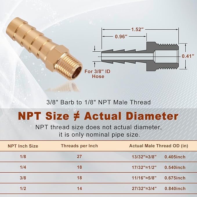 5pcs Brass Hose Barb Fittings 3/8 Inch Barb to 1/8 Inch NPT Male Thread Air Hose Fittings Adapter Connector Water Fuel Air Line Fittings 3/8” Barb × 1/8” NPT Brass Fittings
