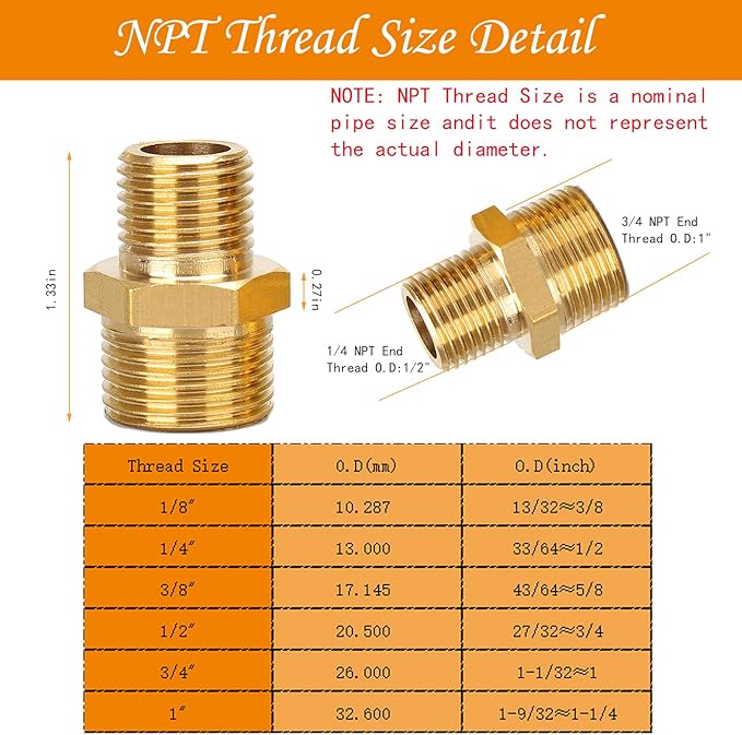 2Pcs 3/4" NPT x 1/4" NPT Solid Brass Fitting Pipe Fitting 3/4 to 1/4 Hose Adapter Brass Hex Fitting, 3/4 to 1/4 Male to Male NPT Threaded Reducing Union Fitting
