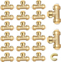 HeSun 20-Pack Pushfit Tee, 3/4"x3/4"x3/4" Push to Connect Plumbing Fittings with Disconnect Clip, Brass Push-fit Fittings for PEX, Copper, CPVC, PE-RT Pipes