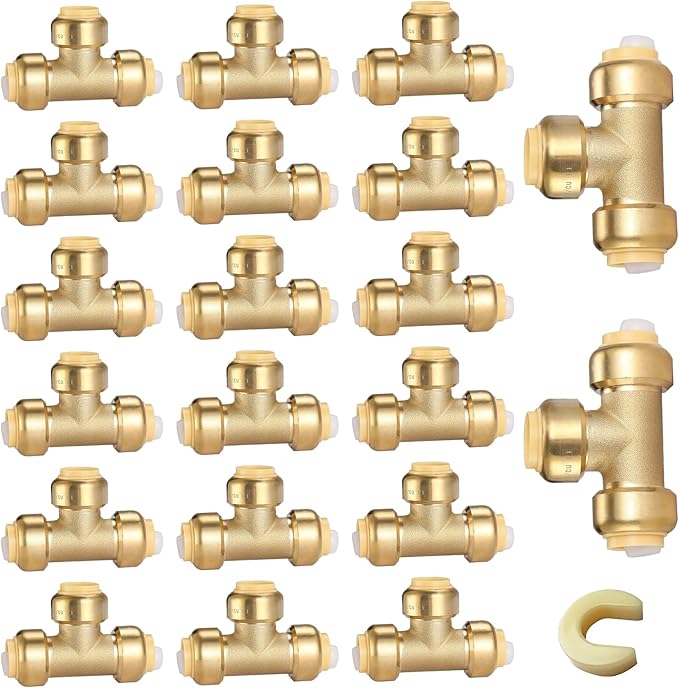HeSun 20-Pack Pushfit Tee, 3/4"x3/4"x3/4" Push to Connect Plumbing Fittings with Disconnect Clip, Brass Push-fit Fittings for PEX, Copper, CPVC, PE-RT Pipes