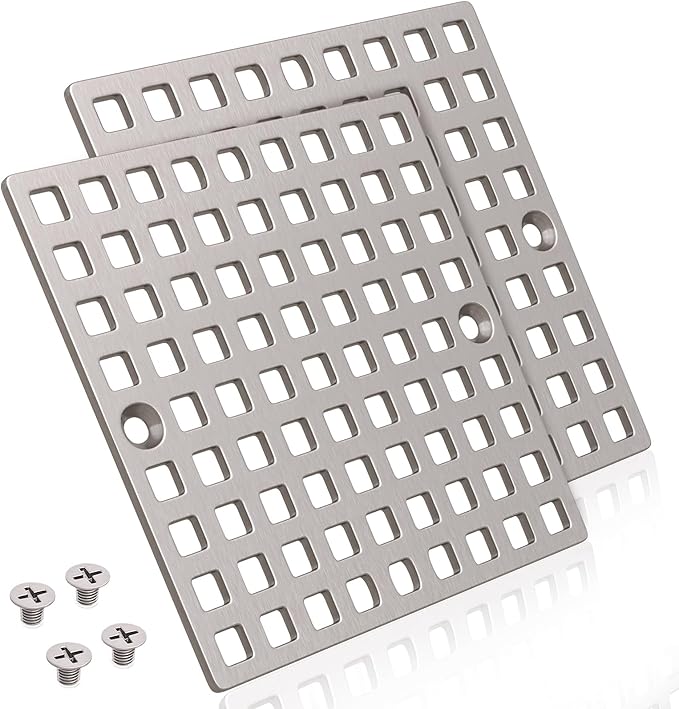 2PC 3-7/8" Brushed Nickel Shower Drain Cover - Square Floor Drain Cover Replacement - Hair Catcher/Drain Strainer for Bathrooms, Showers, and Sinks - SUS304 Stainless Steel & CUPC Certified