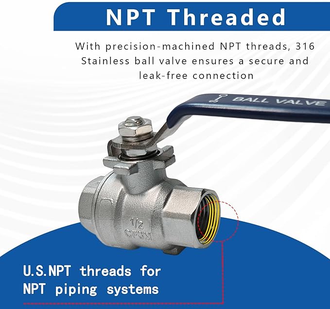 1/2" 316 Stainless Steel Ball Valve Female, 2-Piece Full Port NPT Threaded, 1000 WOG, High Pressure Corrosion Resistant Shut Off Valve for Water/Oil/Gas, Industrial Plumbing Valve (2-Pack)