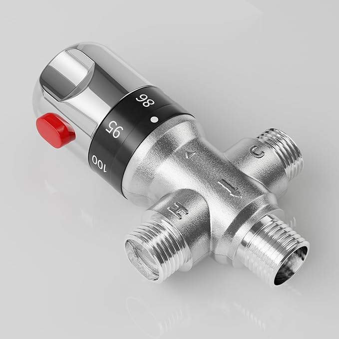 FUGO 1/2 NPT Thermostatic Mixing Valve,Water Mixing Valve with 1/2 NPT Male Connections,Solid Brass,Chrome