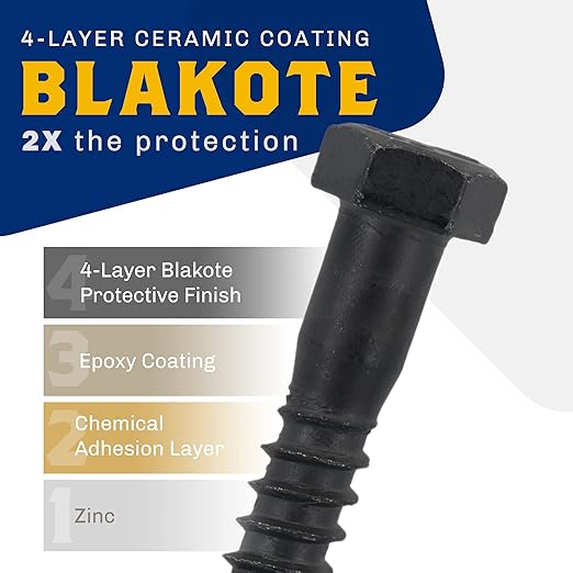 1/2" x 3”, 25-Piece Black Lag Bolts, Rustproof 4-Layer Ceramic BLAKOTE, 2X Protection of Galvanized Lag Screws, for Decks Pergolas by Makers Bolt