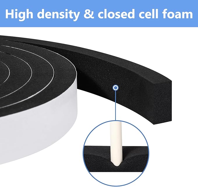 Weather Stripping Door Seal Strip- 2 Inch X 1/8 Inch X 26Feet, Strong Adhesive, Lightproof, Soundproof, Weatherproof Foam Tape Insulation for Sliding Door, Front Door Frame, Windows- Black