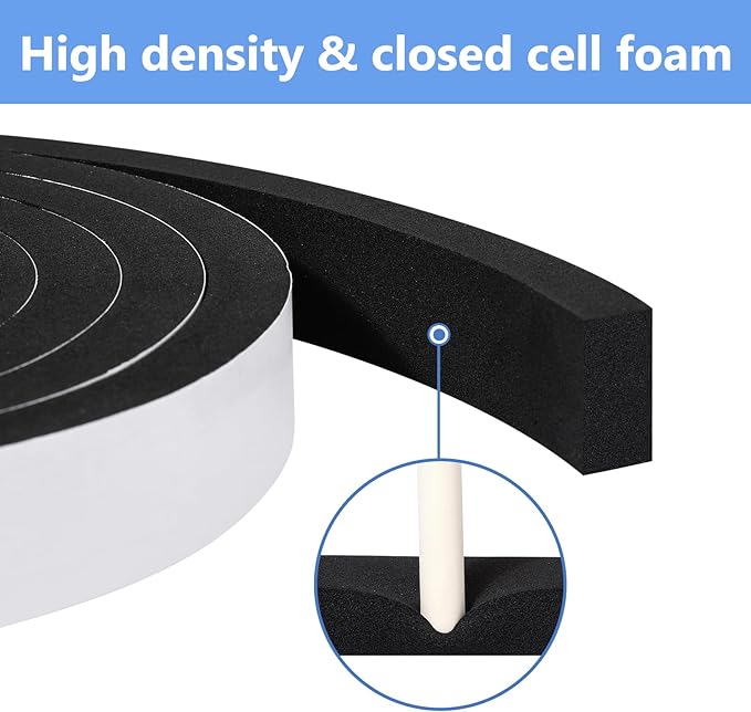 Weather Stripping Door Seal Strip- 1 Inch X 1/2 Inch X 10Feet, Strong Adhesive, Lightproof, Soundproof, Weatherproof Foam Tape Insulation for Sliding Door, Front Door Frame, Windows- Black