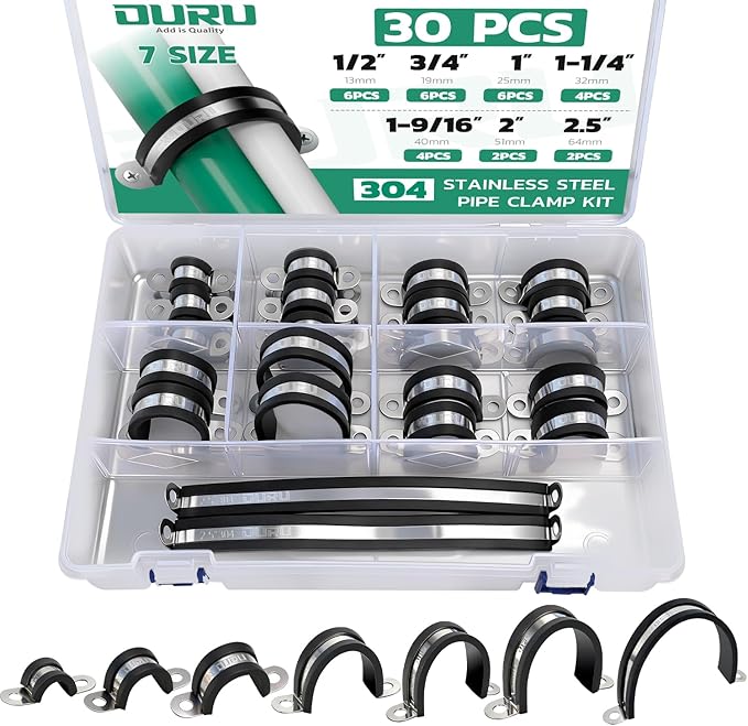 30pcs Pipe Clamp Assortment Kit 304 Stainless Steel, 7 Sizes (1/2"-2.5") Heavy Duty Rubber Cushioned Insulated Pipe Strap, U Bracket Clamp Conduit Clamp for Automotive, Wire & Tube