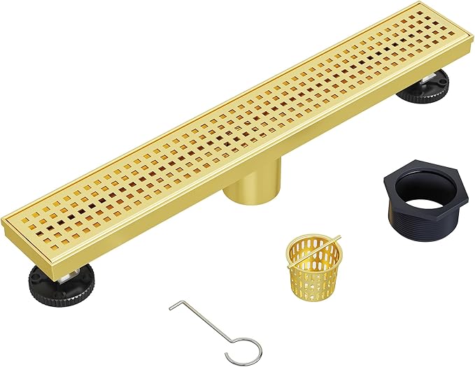 Neodrain 18-Inch Brushed Brass Linear Shower Drain with Removable Quadrato Pattern Grate,Professional 304 Stainless Steel Gold Rectangle Shower Floor Drain Manufacturer,Linear Drainwith Hair Strainer