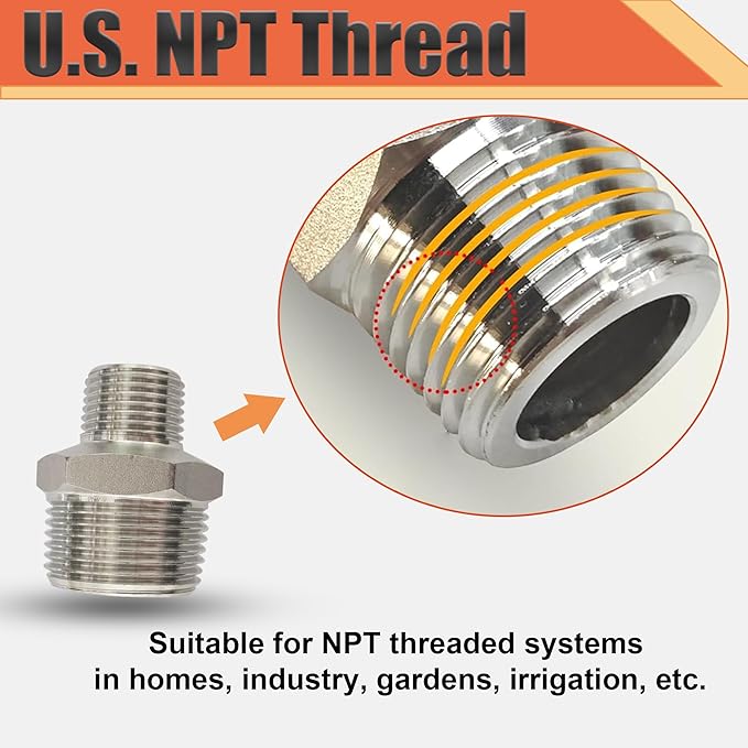 1” Male x 3/4"Male NPT Threaded Reducing Nipple Pipe Fitting Adapter, Heavy Duty 304 Stainless Steel Hex Nipple Reducer Straight Connector Pipe Adapter (1”-3/4”)