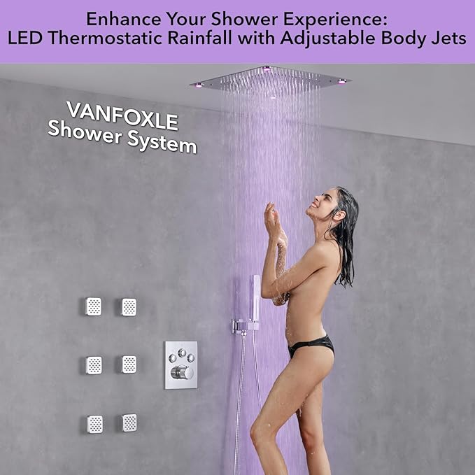 VANFOXLE Temperature Shower Faucet Set Chrome Shower System, Push Button Diverter Shower Faucet with 2 In 1 Handheld, 16 Inch LED Shower Head, 6 PCS Body Jets