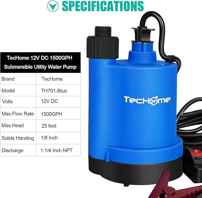 12v Pump，1500GPH Water Transfer Pump Sump Pump Submersible Water Pump, With 20 Feet Power Cord.