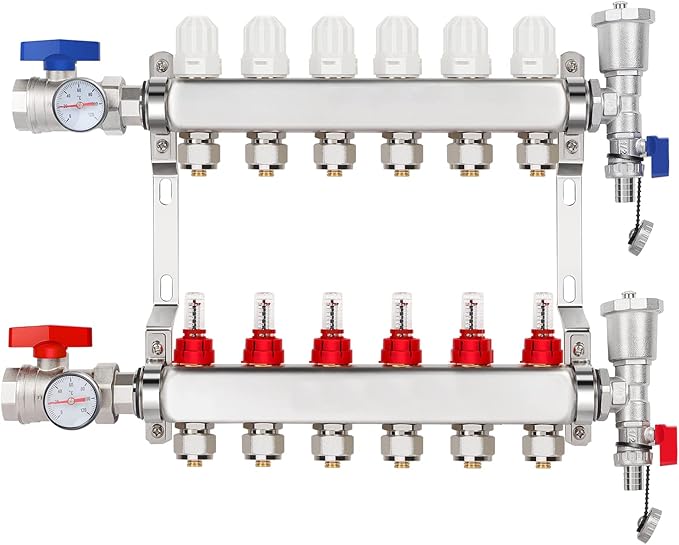GCCSJ 6 Loops PEX Manifold Radiant Floor Heating Set Stainless Steel Heated Hydronic Heating