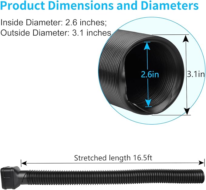 16.5ft Long Downspout Extender, 3.1" OD Gutter Downspout Extensions Pipe for 3"×4" and 2"×3" Downspout, Inside Diameter 2.6 Inches, Flexible Pipe Stretched Length 16.5ft, Black,1-Pack