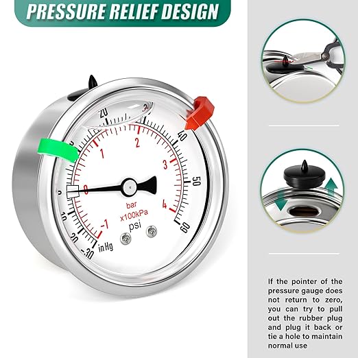 -30inHG-60PSI Stainless Steel Glycerin Liquid Filled Vacuum Pressure Gauge 2.5" Dial Size, 1/4" NPT Back Mount, for Water, Oil and Air Pressure Testing (with Range Mark Pointer)