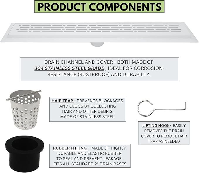 SereneDrains 304 Stainless Steel Linear Shower Drain 36 Inch Matte White Shower Drain Kit Broken Lane for Tile Floor Long Hair Catcher Strainer Grate Cover Bathroom (Matte White, 35 Inch)