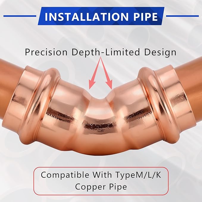 Copper Press Fittings 3/4 Inch 45-Degree Elbow, No-Lead Plumbing Pipe Connector | Compatible with Copper Pipes, Water Supply & Hydronic Heating Systems | Durable Press Fit Design, 10-Pack