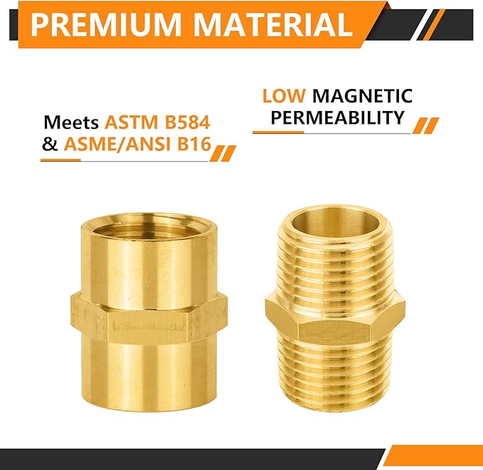 200-PCs HeSun Brass Pipe Fittings Combo, 100-PCs 1/2" NPT Male + 100-PCs 1/2" NPT Female Hex Nipple Adapter