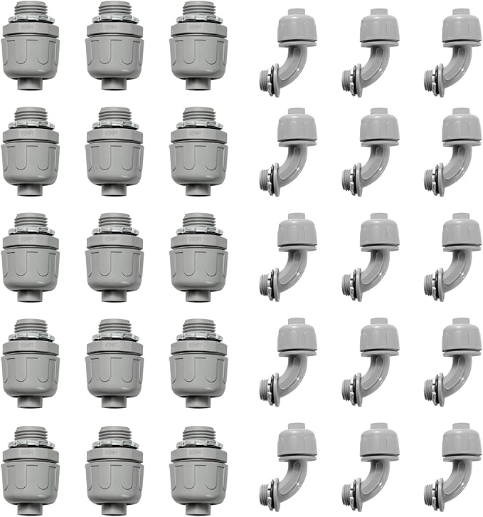 Conduit Connectors, 1/2 Inch Liquid Tight Connector NPT Non-Metallic for PVC Electrical Flexible Conduit Fittings, 15 Straight and 15 Angle 90 Degree, UL Listed, Grey (30-Pack)