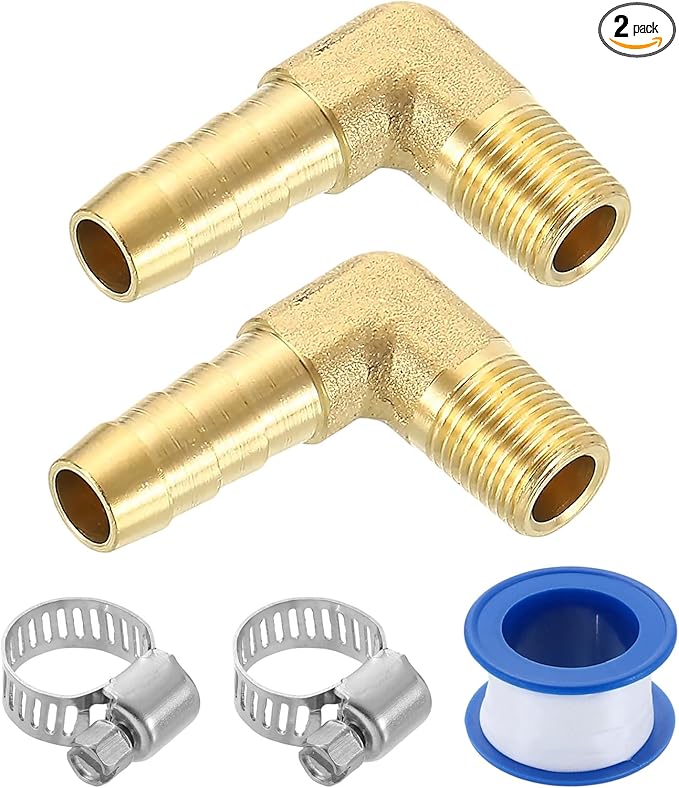 uxcell 2Pcs Brass Hose Barb Fittings, 5/16" x 1/8" NPT 90 Degree Elbow Hose Connector with Hose Clamps for Water Fuel Gas Oil Transportation