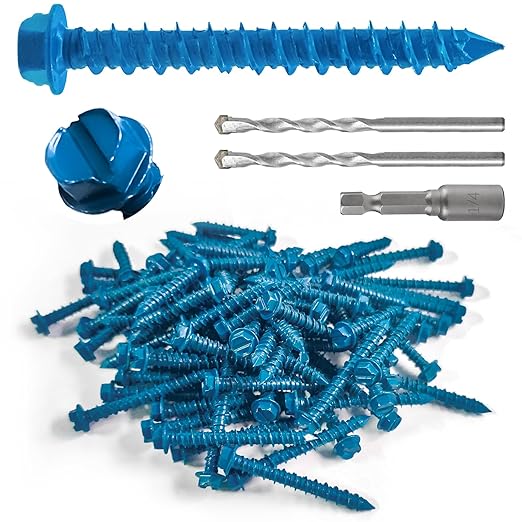 100Pcs 3/16" x1-3/4 Concrete Screws with Drill Bit, Hex Head Concrete Cement Screws Anchor Assortment Kit for Masonry, Block Brick or Stucco