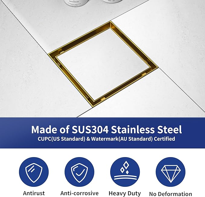 Square Shower Drain 6" with 2" PVC Flange Base, 304 Stainless Steel Tile in Floor Drain w/Tiled Insert Grate & Hair Catcher, CUPC Certified(Brushed Gold, 6'')
