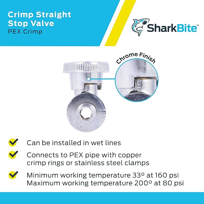 SharkBite 1/2 Inch x 3/8 Inch Crimp Multi-Turn Straight Stop, Brass Plumbing Fitting, PEX Pipe, PE-RT, 23062LF