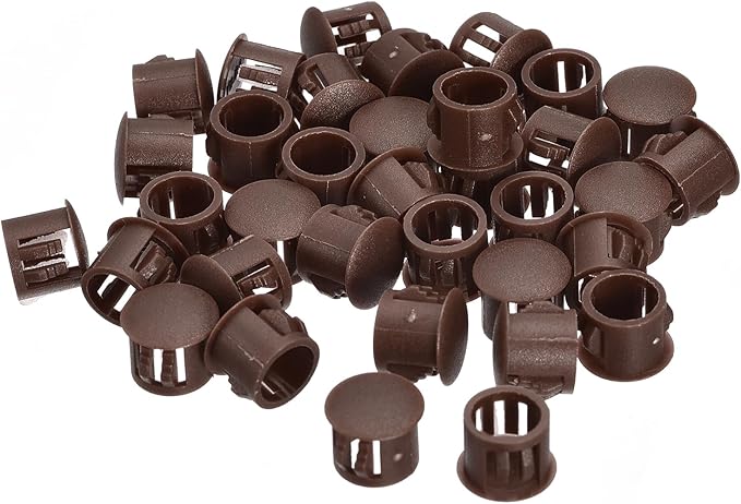 uxcell 11mm(7/16") Plastic Hole Plugs, 36Pcs Flush Type Panel Round Snap in Fastener Knockout Locking Plugs for Furniture Insert End Caps Panels, Brown