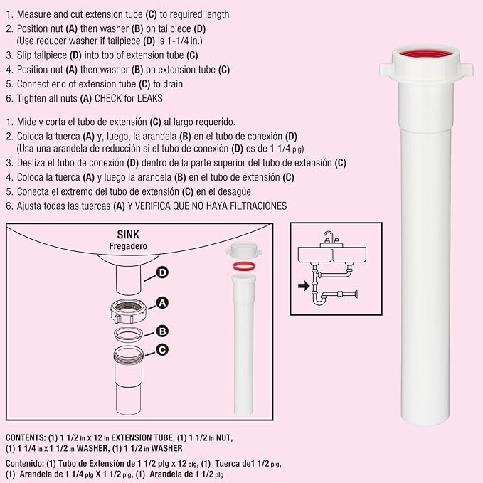 (1 Pack) Yariwiz White Sink Drain Extension Thread Pipe1 1/2 Inch x 12 inch Length for Kitchen Sink Drain Pipe Tubular KSD-005W