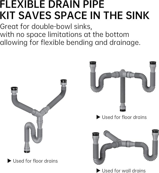 Flexible Expandable P-Trap Kit for Double Kitchen Sink Drain - Fits 1 1/2" or 1 1/4" Pipes-Complete with Sealing Ring, Tape, and Tubing - Perfect for Kitchen, Bathroom, and Restroom Use