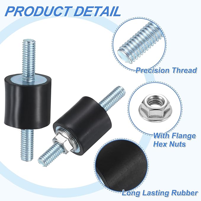 uxcell 4Pcs M6 x 18mm Rubber Mounts, 20 x 20mm Cylindrical Anti Vibration Isolator Studs Shock Absorber Double Studs with Nuts for Car Bobbin Generator Air Compressors