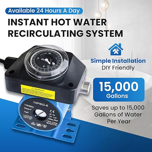Instant Hot Water Recirculating Pump Replacement Kit for Tank Water Heater, House Circulation Pump w/Programmable Timer, 2 Brass Sensor Valves (595926), 4 Lines & Adapters, Replaces 0955805 & 595916