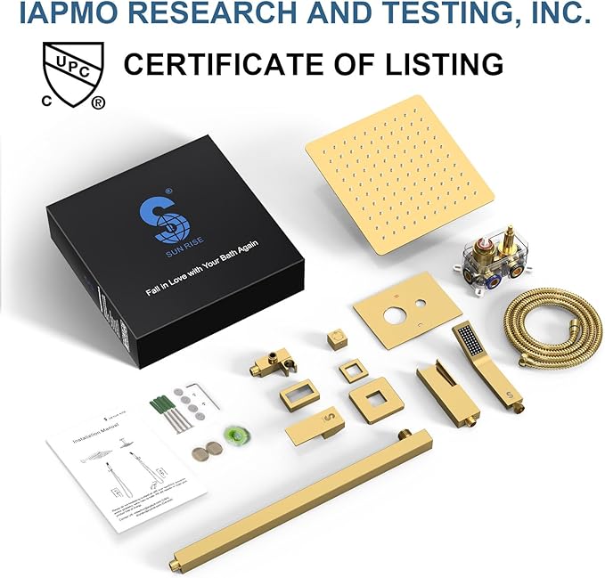 SR SUN RISE 12 Inches All Metal Square Shower System with Tub Spout, Tub Shower Faucet Set, High Pressure Rain Shower Head and Handheld Sprayer Combo Shower Fixtues, Valve Included, Brushed Gold