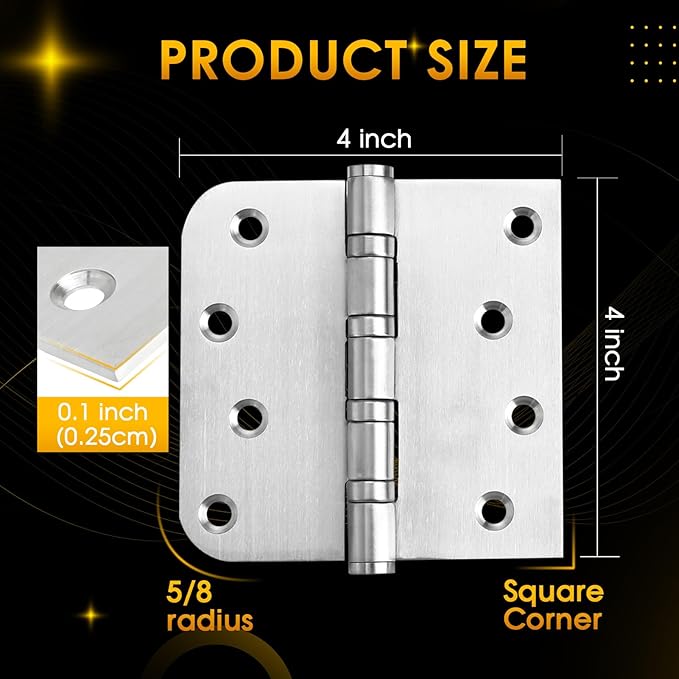 304 Stainless Steel Door Hinges 4 inch X 4 inch Heavy Duty Ball Bearing Non Removable Pin Door Hinges with Square and 5/8'' Radius 3 Pack