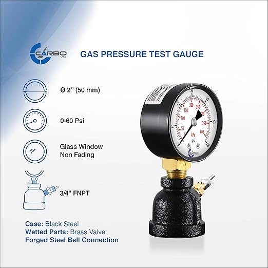 Gas Test Pressure Gauge 60 Pound, 60 PSI / 400 kPa, 3/4” FNPT Connection, Brass Valve, Forged Steel Bell Shape Body Assembly.