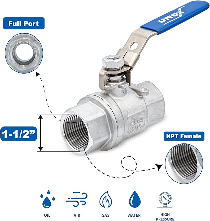 UNOX 1 1/2" NPT Full Port Ball Valve Two-Piece Body Design, Female Stainless Steel AISI304 Heavy Duty for Water Oil Gas Valve - 1000WOG Steam Ball Valve with Blue Locking Handles