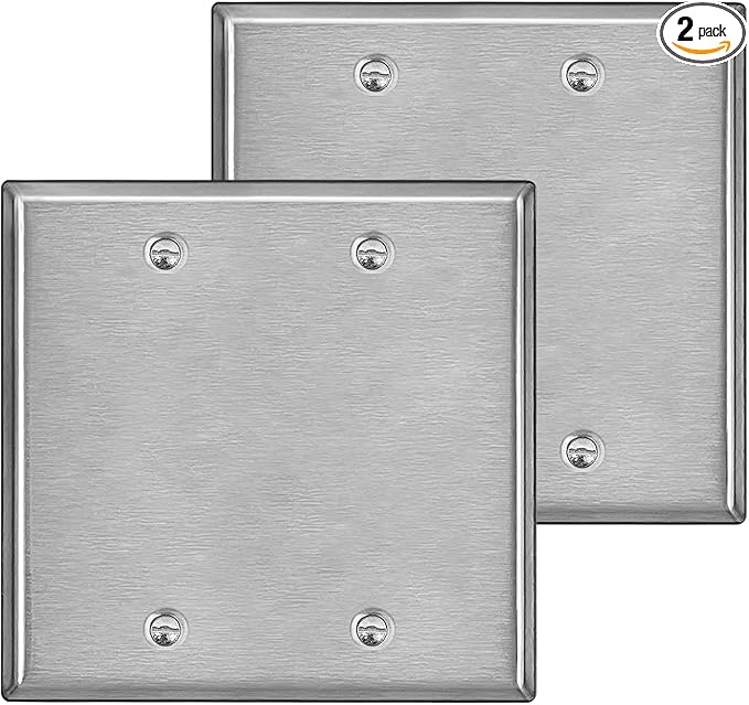 [2 Pack] BESTTEN 2-Gang Blank Metal Wall Plate with Ｗhite or Clear Plastic Film, No Device Corrosion-Resistant Stainless Steel Outlet Cover, Standard Size, H4.53” x W4.57”, Brushed Finish